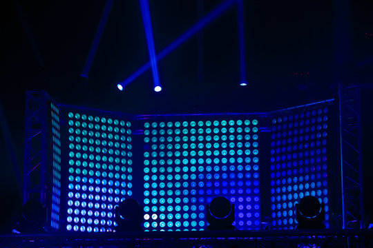 Led spotlights screen of blue colors. Concert stage decoration