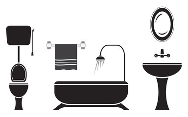 Bathroom and toilet icons set, black isolated on white background, vector illustration.