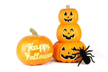 Halloween pumpkin lantern and spider isolated on white background