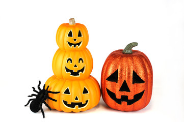 Halloween pumpkin lantern and spider isolated on white background