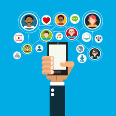 business hand holding cellphone with socia media related icons image vector illustration design 
