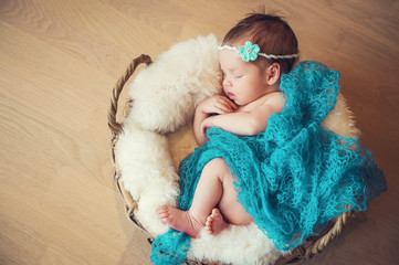 Sleeping newborn baby in a basket