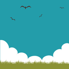 blue sky with birds and green grass landscape background. vector illustration