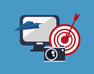computer with bullseye camera and paper plane icons image vector illustration design 