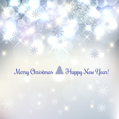 Christmas And New Year Typographical on Silver Xmas background with snowflakes, light, stars. Vector Illustration. Xmas card