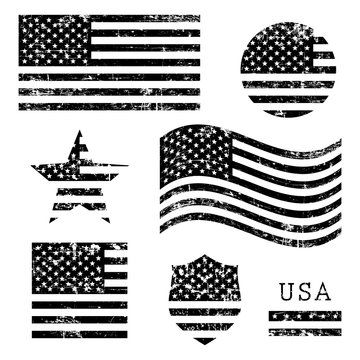 Vintage USA American grunge flag set, black isolated on white background, vector illustration.