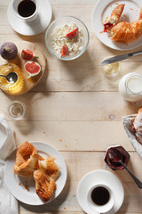 Top view of served breakfast. Copy Space