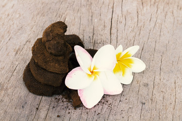 Fototapeta na wymiar Closeup Plumeria sweet color and coffee ground on old wood backg