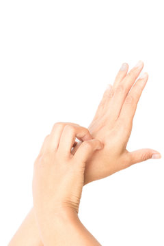 Woman hand scratching on white background for healthy concept