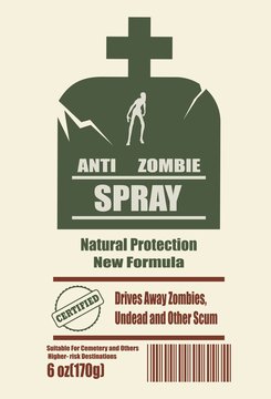 Illustration of anti zombies spray label. Anti zombie spray text on tomb. Zombie silhouette