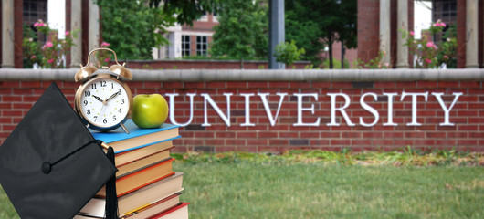 books in front of university