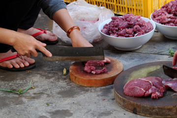 cut beef on dirty floor