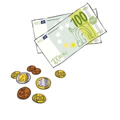 Wechselgeld Bargeld Scheine Münzen 100 Euro Kleingeld - Comic von Hand gezeichnet