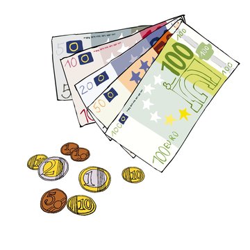 Wechselgeld Bargeld Scheine M&uuml;nzen Euro - Comic von Hand gezeichnet Cartoon Illustration Konzept Vektor freigestellt