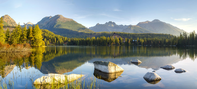 High resolution panorama of the lake in Strbske Pleso,High Tatras,Slovakia