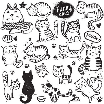 Set of hand draw funny cats in sketch style.