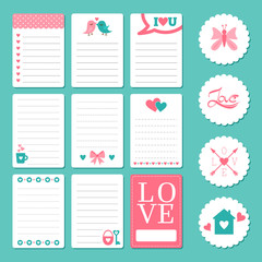 Pages for notepad with romantic elements: hearts, birds, ribbon and the word "love." Vector illustration.