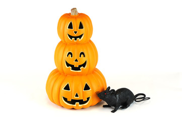 Halloween pumpkin lantern and mouse isolated on white background