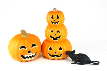 Halloween pumpkin lantern and mouse isolated on white background