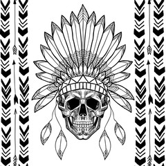 Skull with indian feather hat. Vector seamless pattern.
