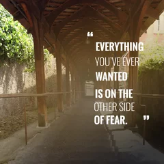 Inspirational quote "everything you have ever wanted is on the other side of fear" on blurred background with vintage filter