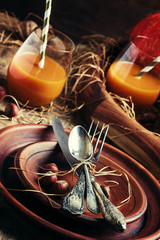 Rustic table setting for Thanksgiving Day: pottery, vintage appl
