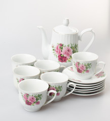 tea set or porcelain tea set on background.