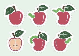 red apple and worm. set of color icons