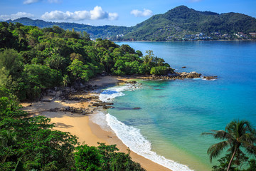 Naklejka premium Gorgeous Laem Sing Beach at morning taken from high point, Phuket, Thailand