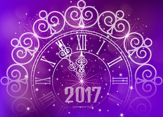 Happy New Year 2017 gold watch elegant glitter card blue fireworks glowing fire blurred blue purple background. Poster, greeting card, banner invitation. Vector illustration EPS10
