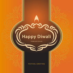 Happy Diwali. Elegant card design of traditional Indian festival Diwali. Holiday background with Beautiful calligraphic frame. Vector illustration