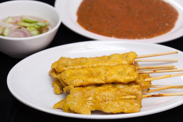 Pork satay,Grilled pork with peanut sweet sauce and sour sauce o