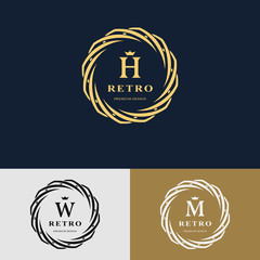 Emblem of the weaving circle. Monogram design elements, graceful template. Simple logo design Letter H, W, M for Royalty, business card, Boutique, Hotel, Heraldic, Web design. Vector illustration