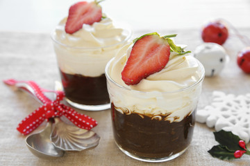 Black chocolate pudding mousse with fresh strawberries, Christmas dessert
