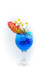 Beautiful flowers in wine glass with hydrogel isolated on white