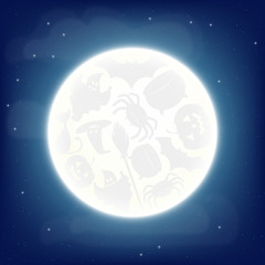Obraz premium Full moon with Halloween characters silhouettes. Vector illustration.