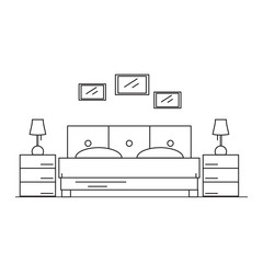 Interior design bedroom in the house or hotel. Room to sleep in the style of the line. Vector illustration.