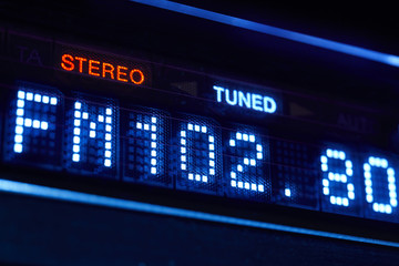 FM tuner radio display. Stereo digital frequency station tuned.