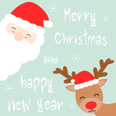 Fototapeta na wymiar cute cartoon hand drawn merry christmas and happy new year vector card with santa claus and reindeer