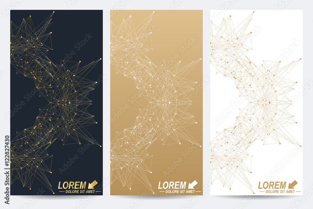 Poster modern set of vector flyers. geometric abstract presentation with golden mandala. molecule and commu