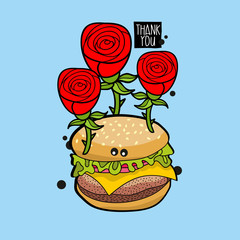 Crazy hamburger portrait with red roses.