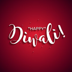 Beautiful lettering calligraphic white text. Calligraphy inscription Happy Diwali festival India on a red background. Vector illustration EPS 10