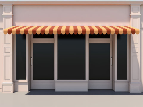 Classic shopfront with awnings in the sun - 3D render