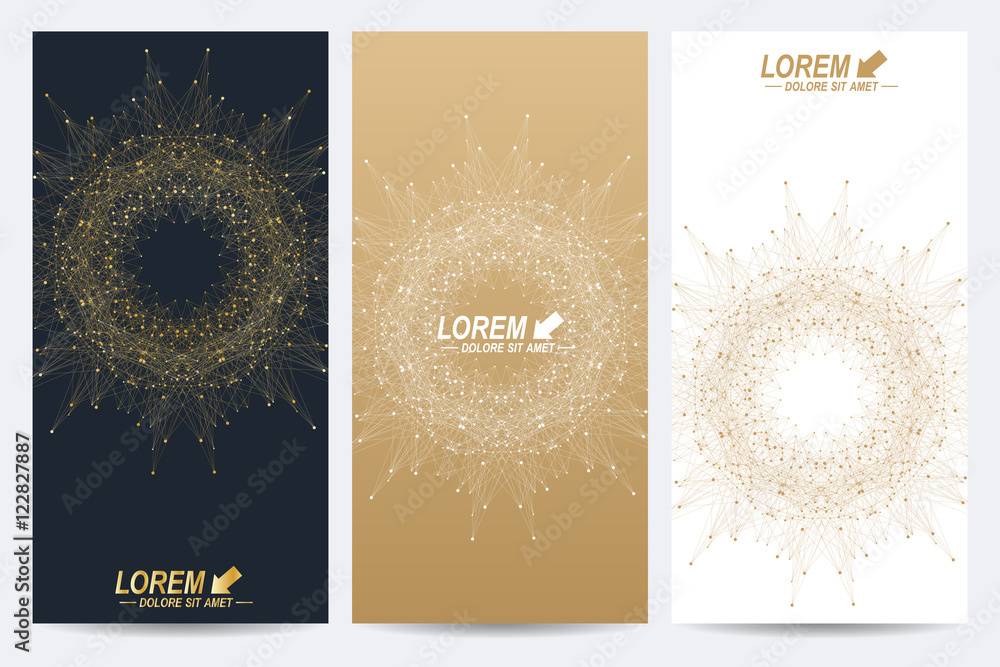 Poster modern set of vector flyers. geometric abstract presentation with golden mandala. molecule and commu