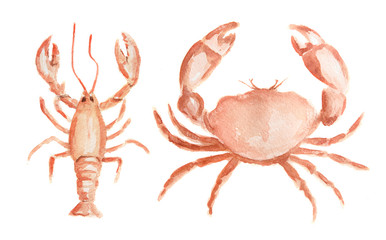 Watercolor seafood set. Crab and lobster. Fresh and healthy gourmet food for restaurant.