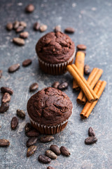 The tasty chocolate muffins and cocoa beans.