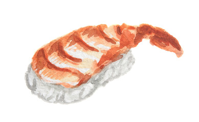 Isolated watercolor sushi roll on white background. Traditional asian food with caviar, rice and fish.