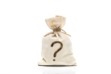 Canvas bag with question mark isolated on white - obrazy, fototapety, plakaty