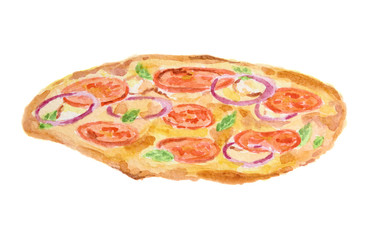 Isolated watercolor pizza on white background. Tasty italian snack or street food. Italian cuisine.