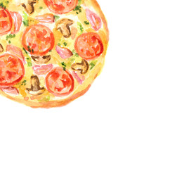 Isolated watercolor pizza on white background. Tasty italian snack or street food. Italian cuisine.